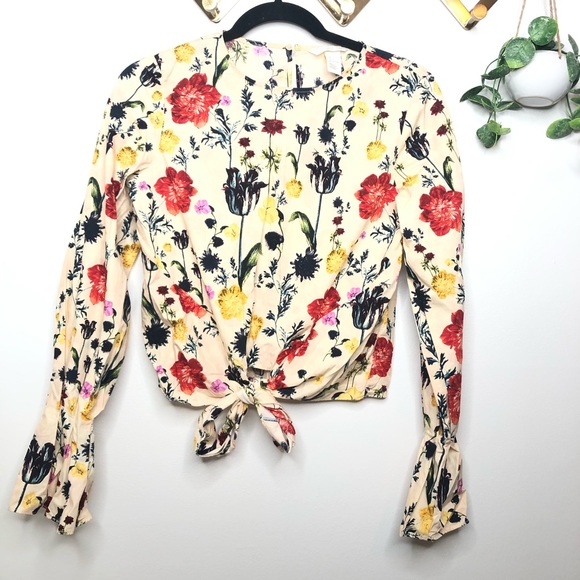 H&M Tops - H&M Floral Bell Sleeve Top Tie Front Shirt